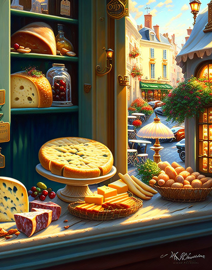 Bakery window display with bread, cheese, fruits, and pie under sunlight