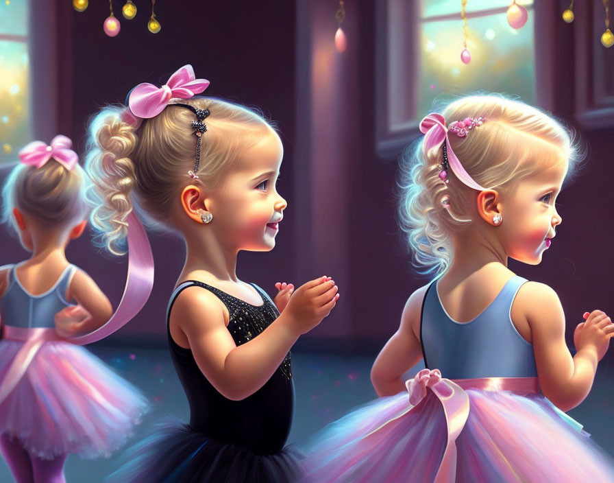 Three young girls in tutus with bows looking into a glowing storefront at night