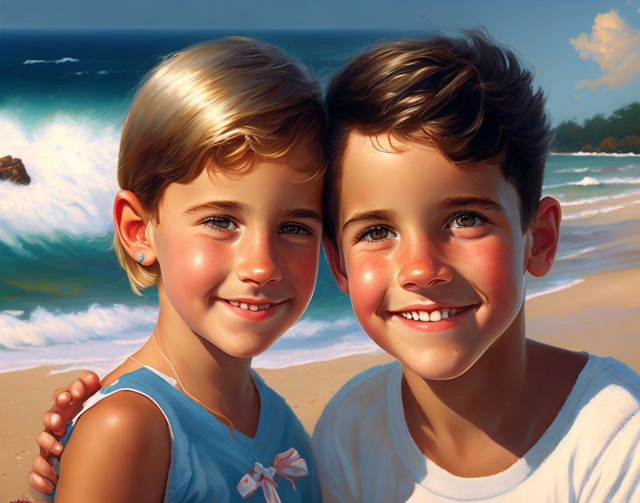 Smiling children on beach with sun-kissed cheeks