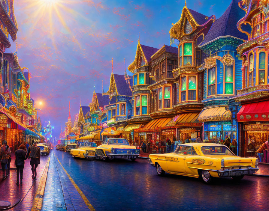 Twilight scene of colorful street with vintage cars and ornate buildings