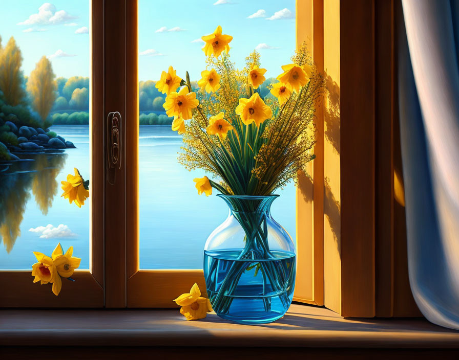 Yellow Flowers Bouquet in Blue Vase on Sunny Day Windowsill