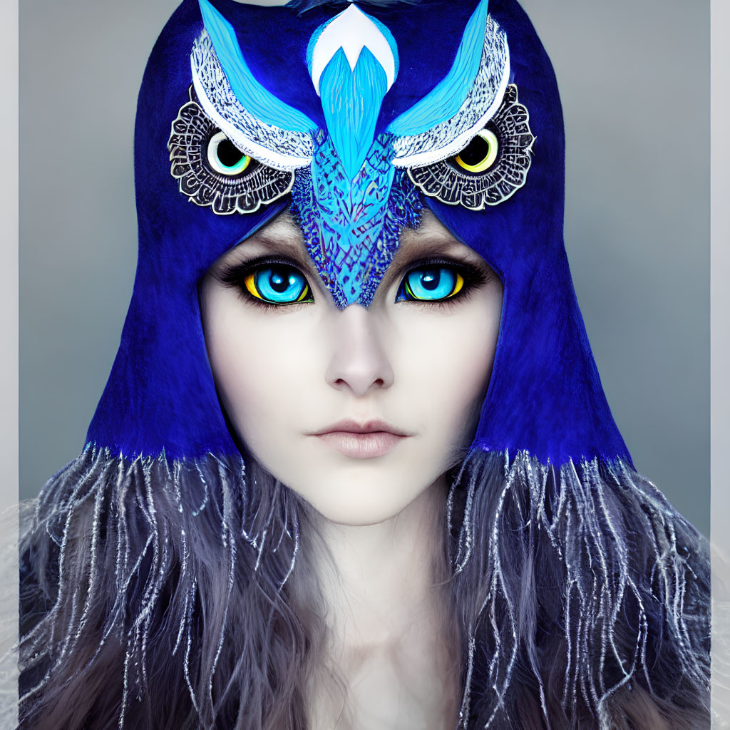 Striking Blue-Eyed Person in Blue Owl Mask on Grey Background