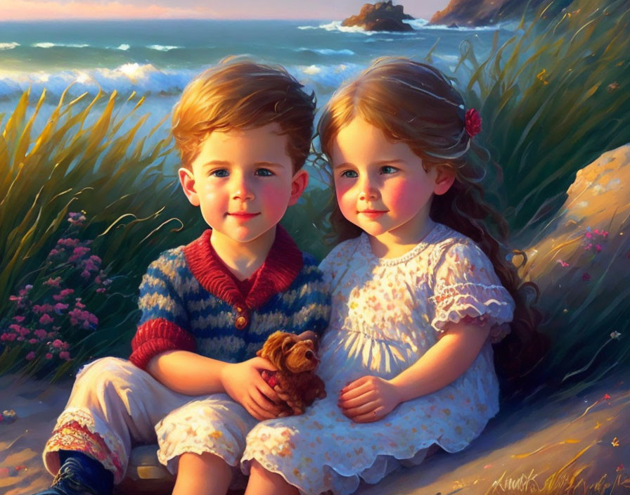 Children sitting on grassy seaside cliff at sunset, boy in blue sweater with toy bear, girl in