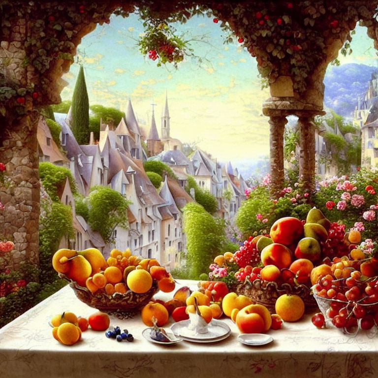 Colorful Painting: Stone Archway & Fairy Tale Village with Fruits