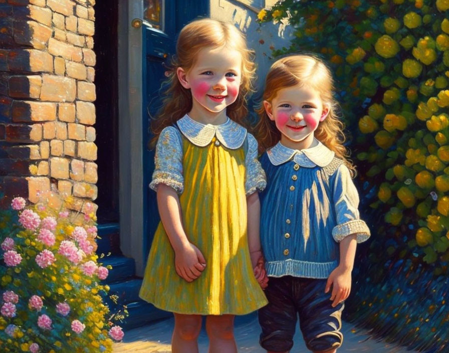 Smiling young girls in yellow and blue by sunlit house