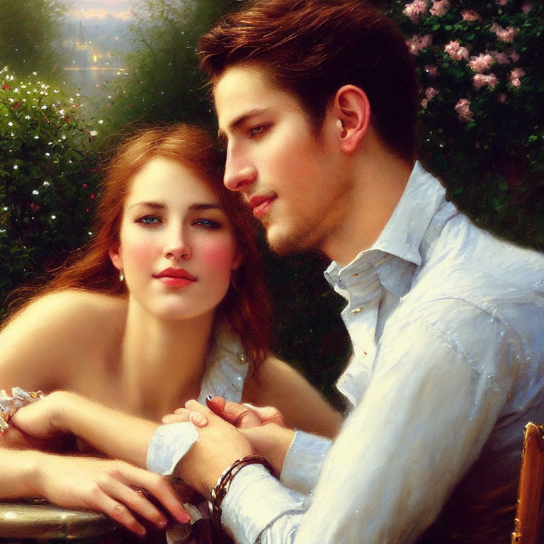 Young couple embracing in nature setting - greenery and flowers