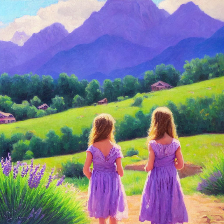 Two girls in matching purple dresses admire scenic mountain landscape