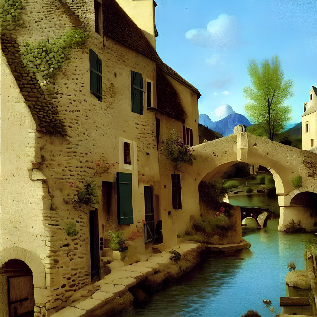 Traditional European village: canal, stone bridge, lush greenery