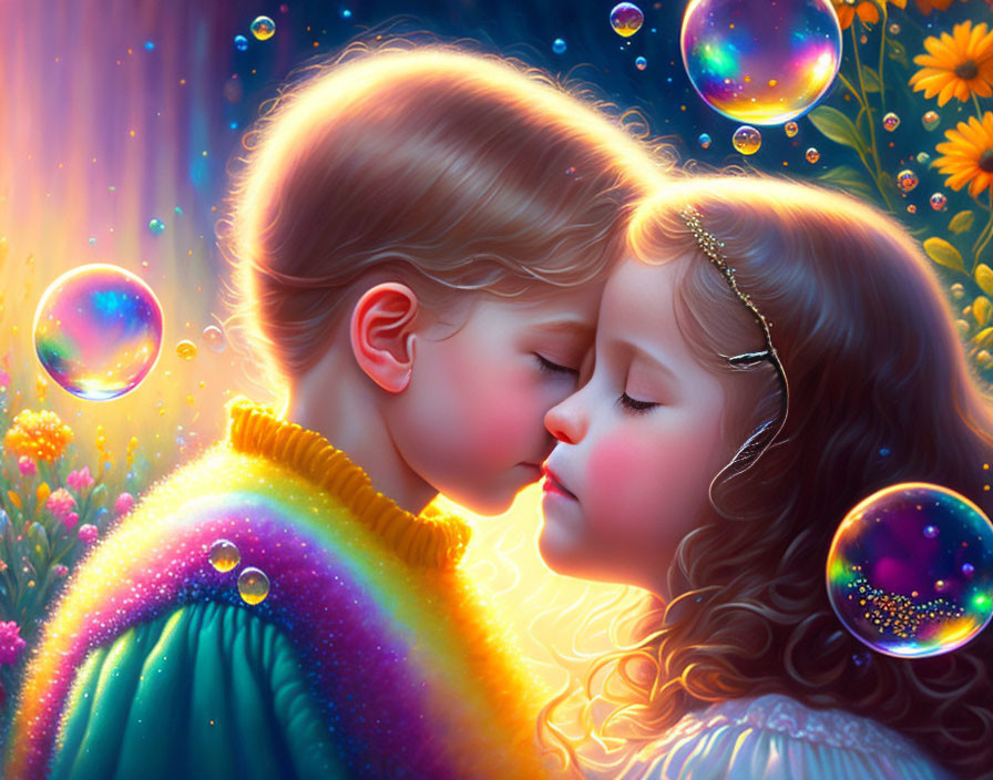 Children in whimsical setting share innocent forehead kiss with colorful bubbles and flowers.