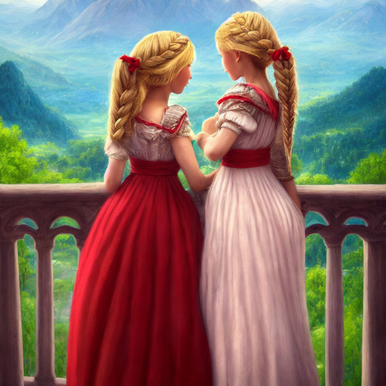 Two girls in traditional dresses with braided hair on balcony overlooking mountain landscape