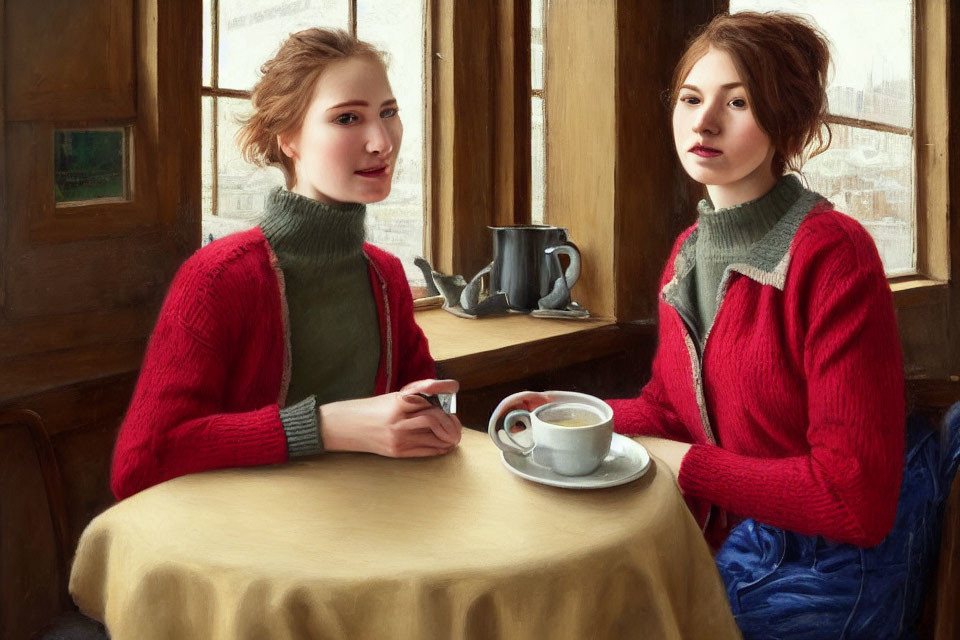 Two Women in Red Sweaters by Window Reflective Surface with Pen, Paper, and Coffee