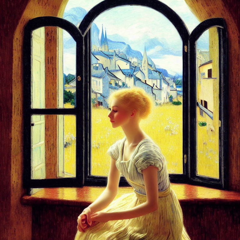 Woman by open window overlooking village and mountains in sunlight