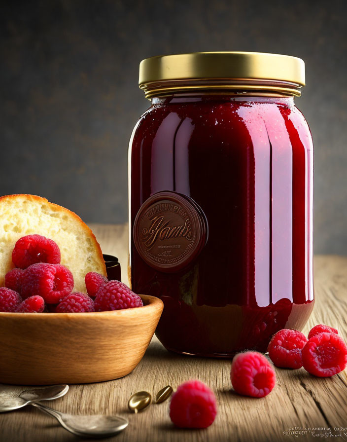 Raspberry jam jar, sliced bread, fresh raspberries, spoon on rustic background