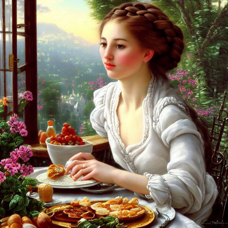 Young woman with braided hair surrounded by flowers, fruit, and pastries at a table by a