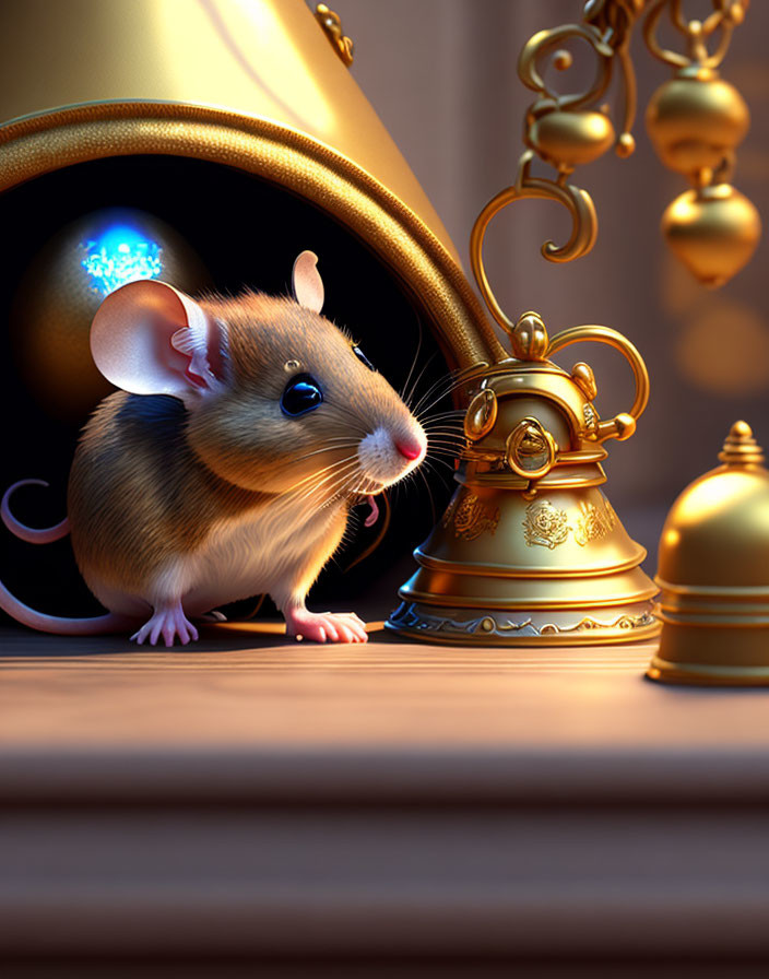 Mouse beside golden bells in cozy, warm interior