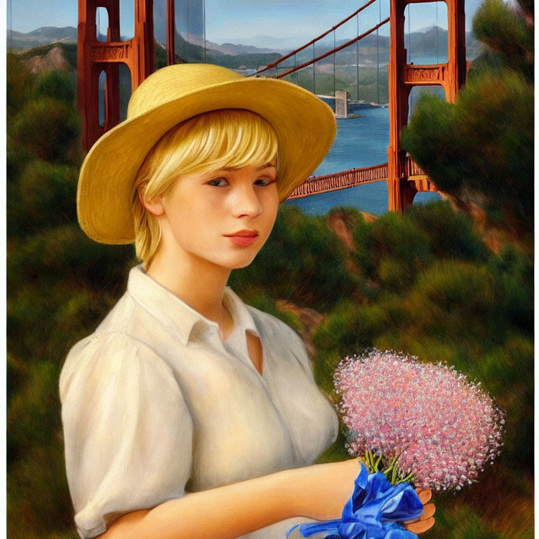 Woman in yellow hat holds bouquet with Golden Gate Bridge in background