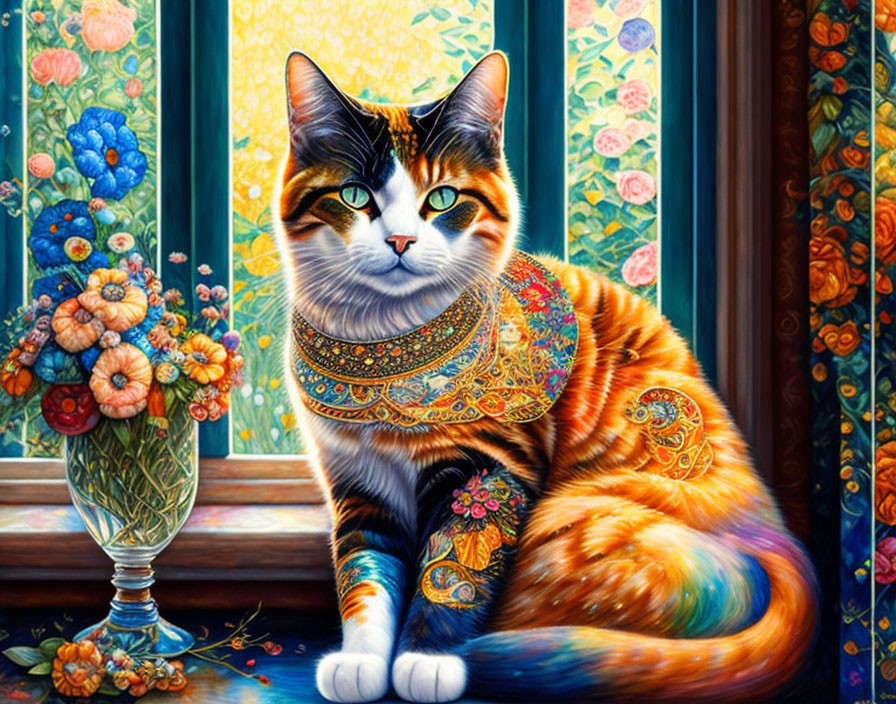 Colorful Calico Cat Artwork with Green Eyes and Scarf by Window