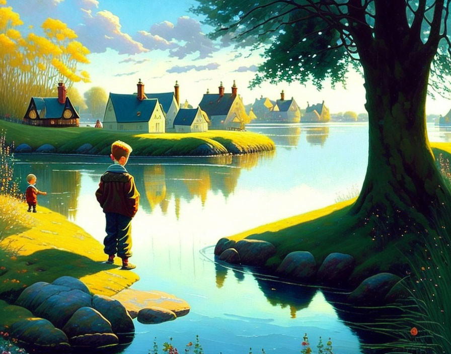 Tranquil landscape with children by river and quaint houses