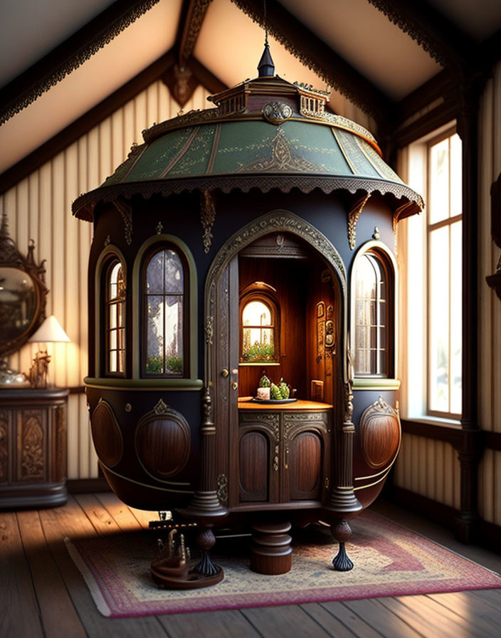 Wooden reading nook with stained glass windows and ornate carvings