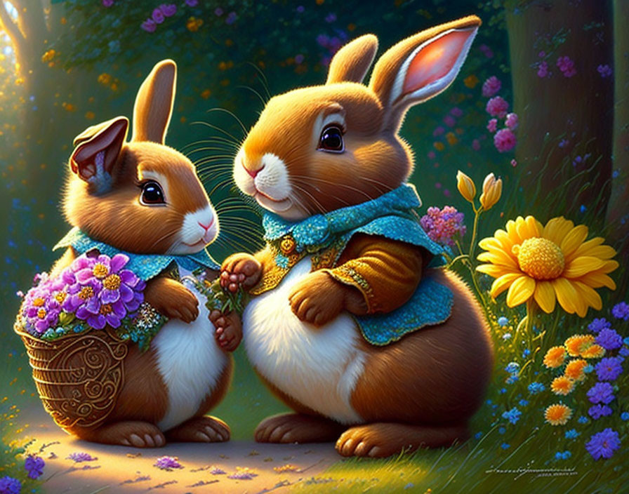 Animated rabbits holding hands with flower basket in vibrant backdrop