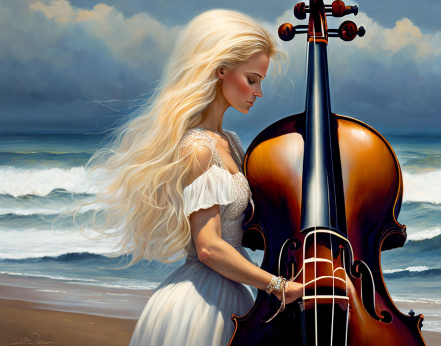 Blonde woman with cello by the sea with waves and cloudy sky