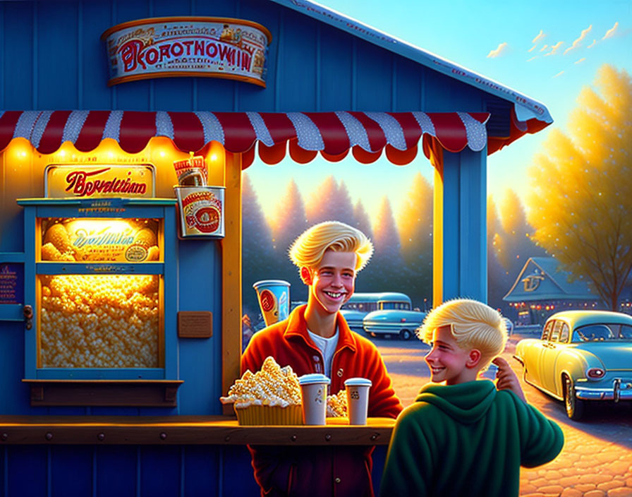 Vintage popcorn stand scene with classic cars in digital painting