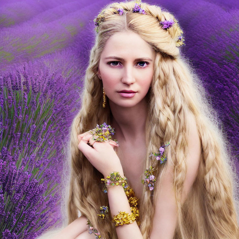 Blonde Woman with Braided Hair and Floral Jewelry in Lavender Field