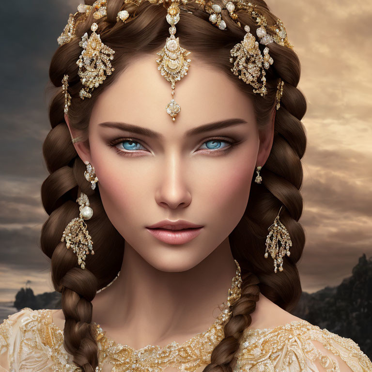 Portrait of Woman with Striking Blue Eyes and Golden Jewelry in Braided Hair