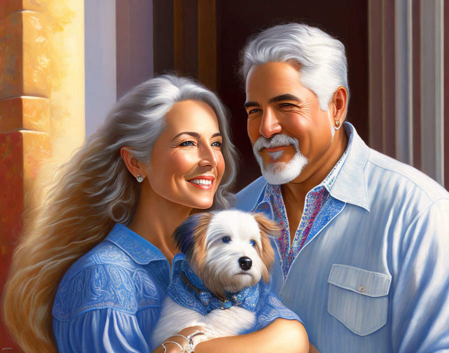 Elderly couple with white fluffy dog in light blue attire