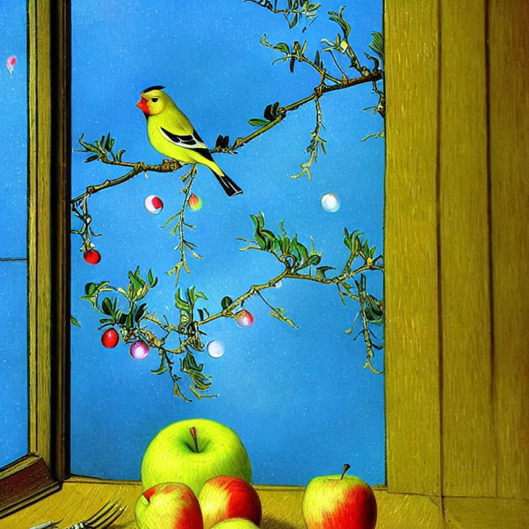 Colorful bird on blossoming branch with ripe apples on window sill