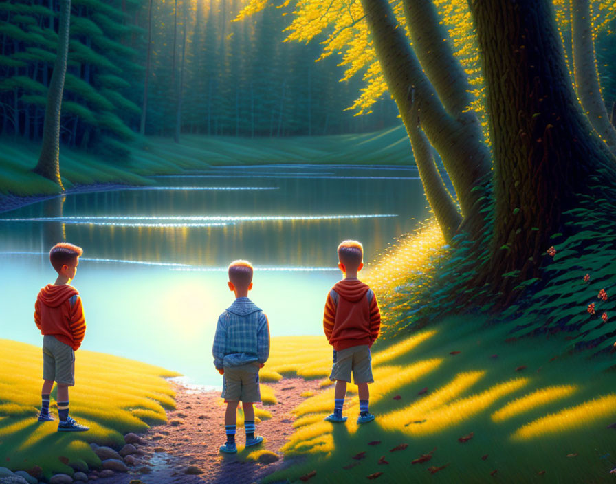 Three Children by Serene Lake in Lush Forest