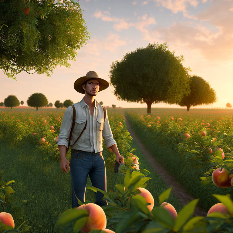 Man in hat standing in peach orchard at sunset with warm glow.