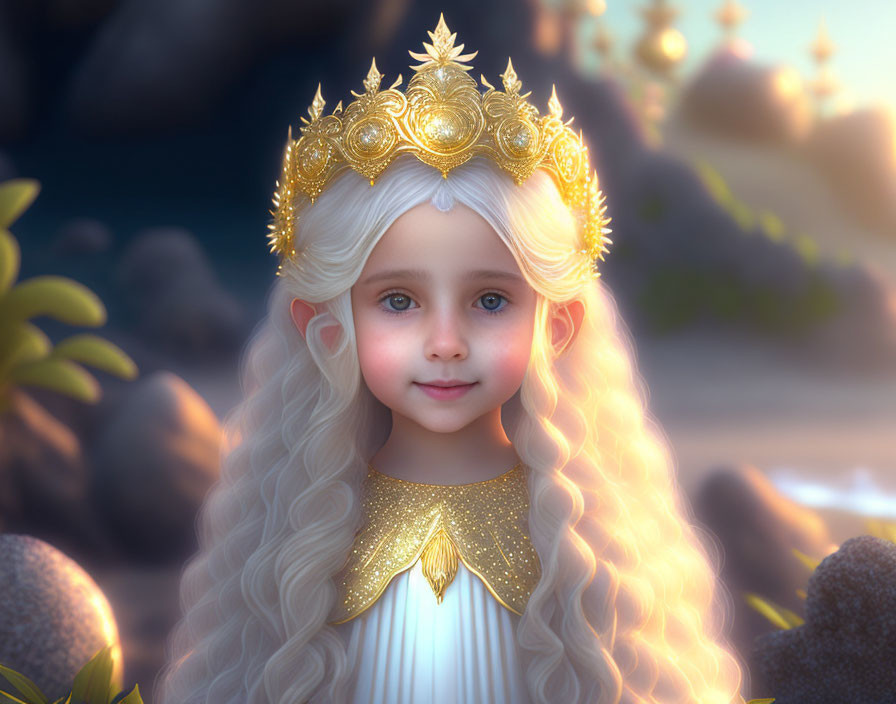 Young girl with white hair and golden crown in royal attire in enchanted forest.