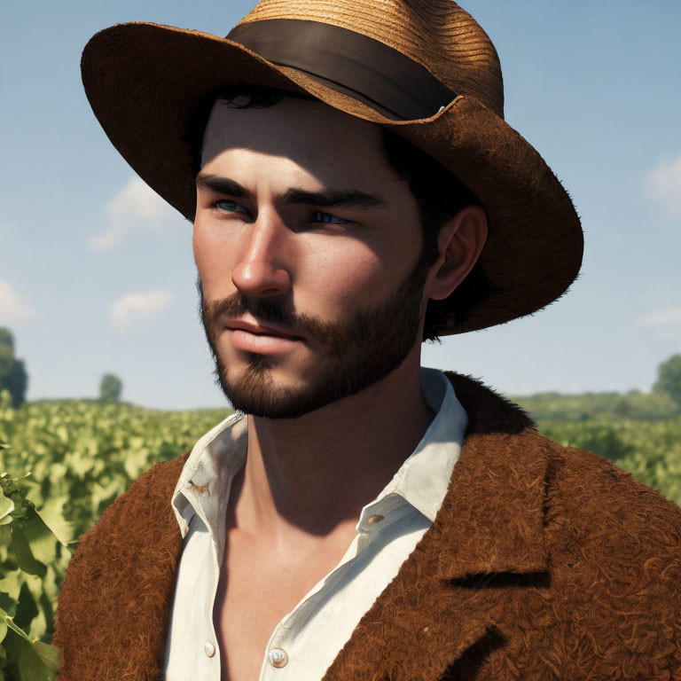 Bearded man in wide-brimmed hat and jacket in countryside landscape