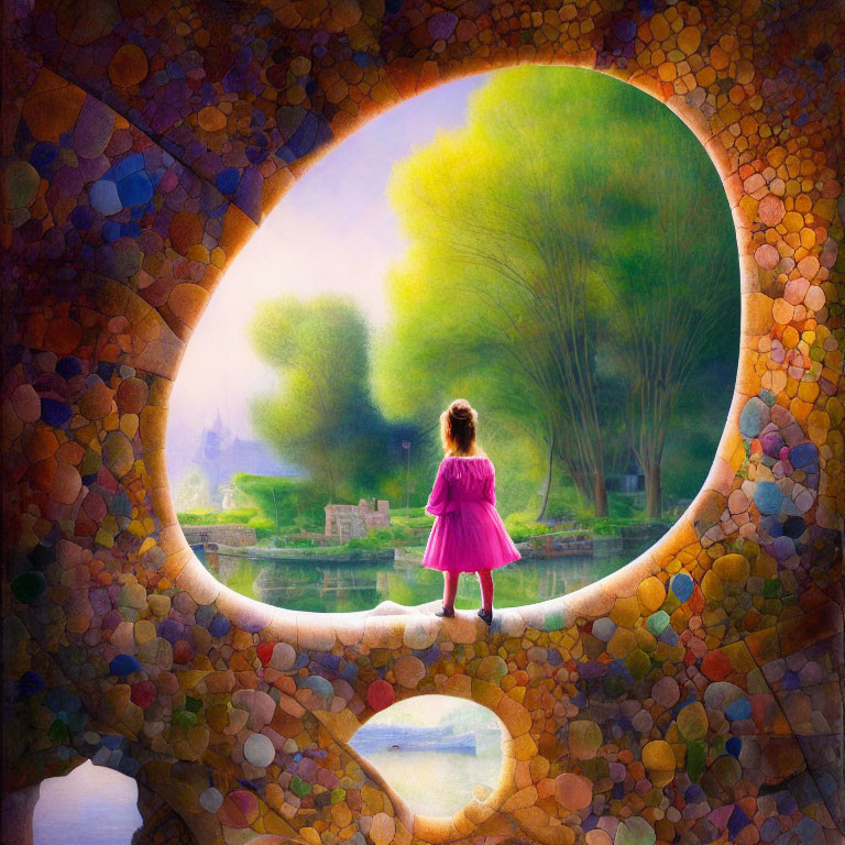 Girl in Pink Dress at Colorful Mosaic Archway Overlooking Serene Landscape