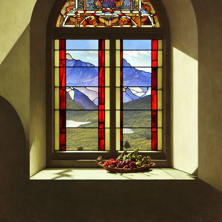 Colorful stained glass window overlooks mountain view with chili peppers.