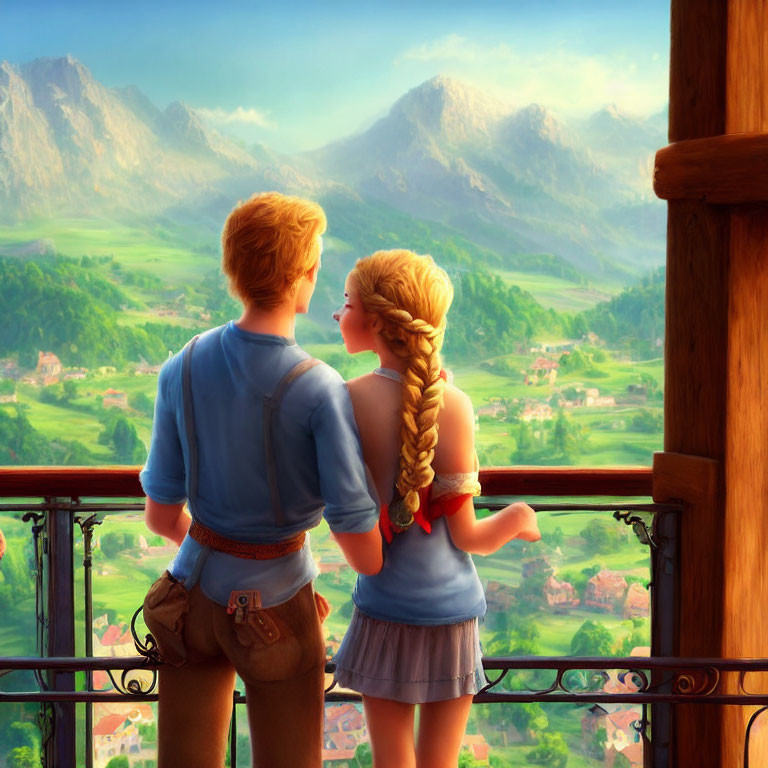 Male and female animated characters with braid admire mountain village scenery.