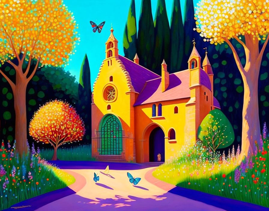 Vibrant illustration of whimsical church, trees, path, and butterflies