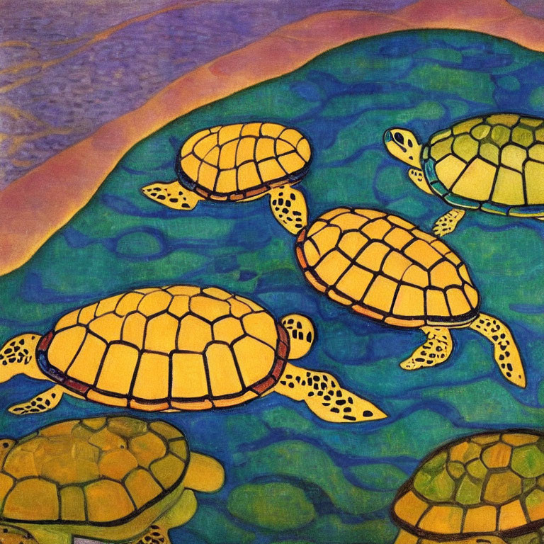 Vibrant artistic depiction of four turtles on blue background