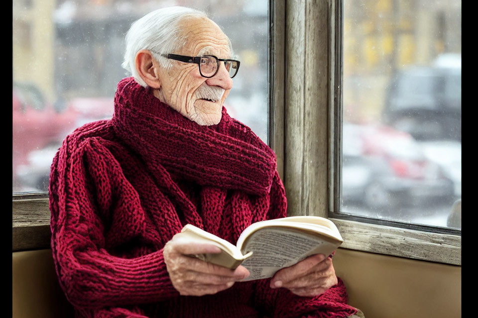 Elderly Man Reading Book by Snowy Window