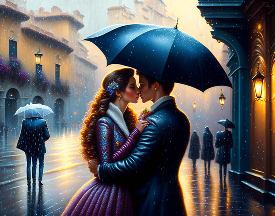 Romantic couple embracing under large umbrella in rain-drenched cityscape