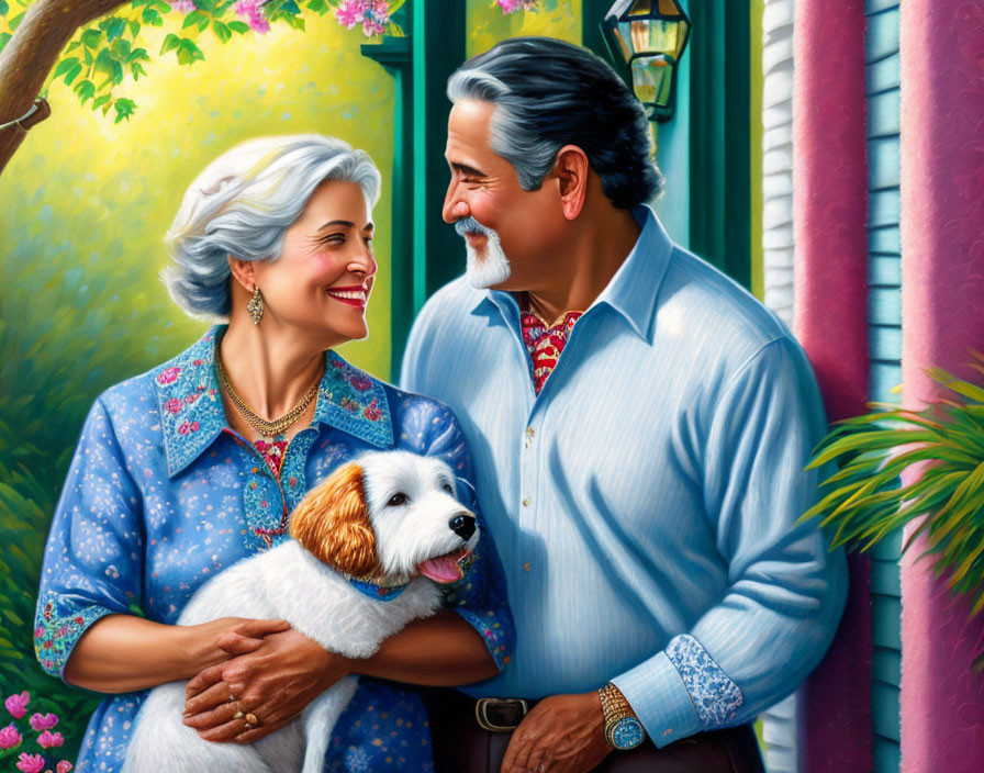 Elderly couple with white dog in front of house with lantern