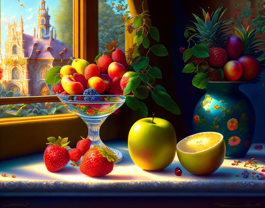 Colorful Still-Life Painting of Fruits and Cathedral View