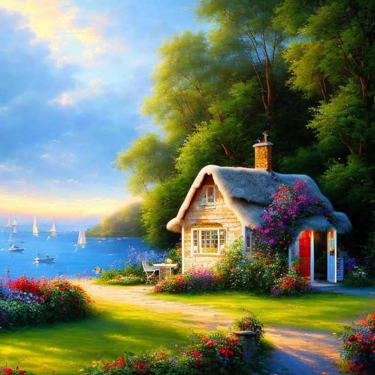 Thatched-Roof Cottage with Colorful Gardens by Serene Lake at Sunset