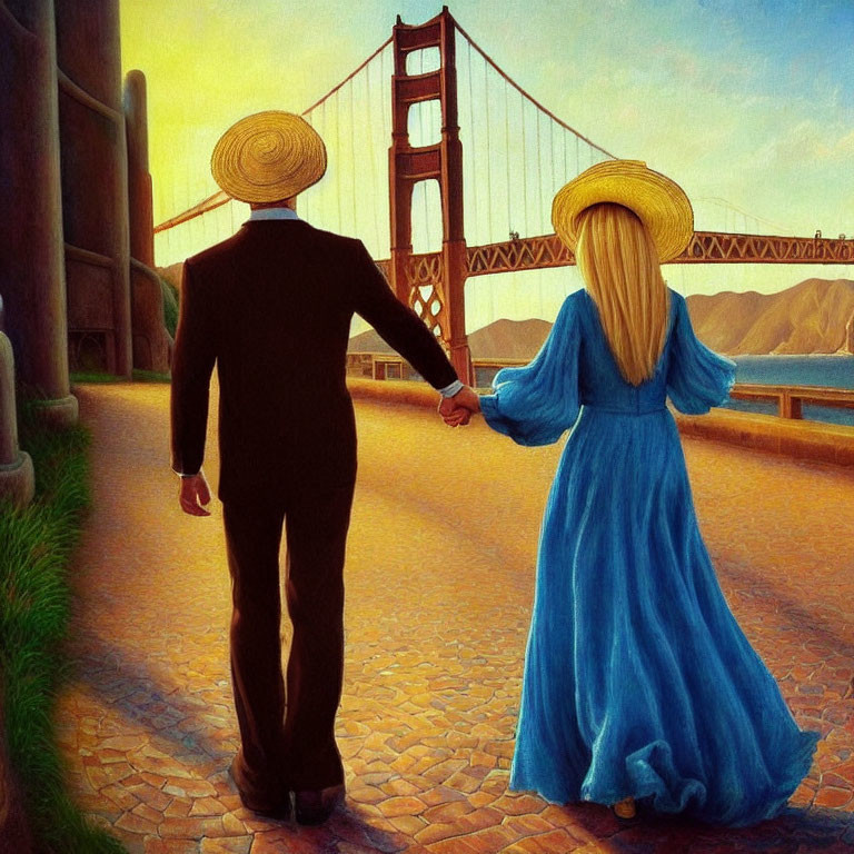 Couple in formal attire holding hands near Golden Gate Bridge at sunset