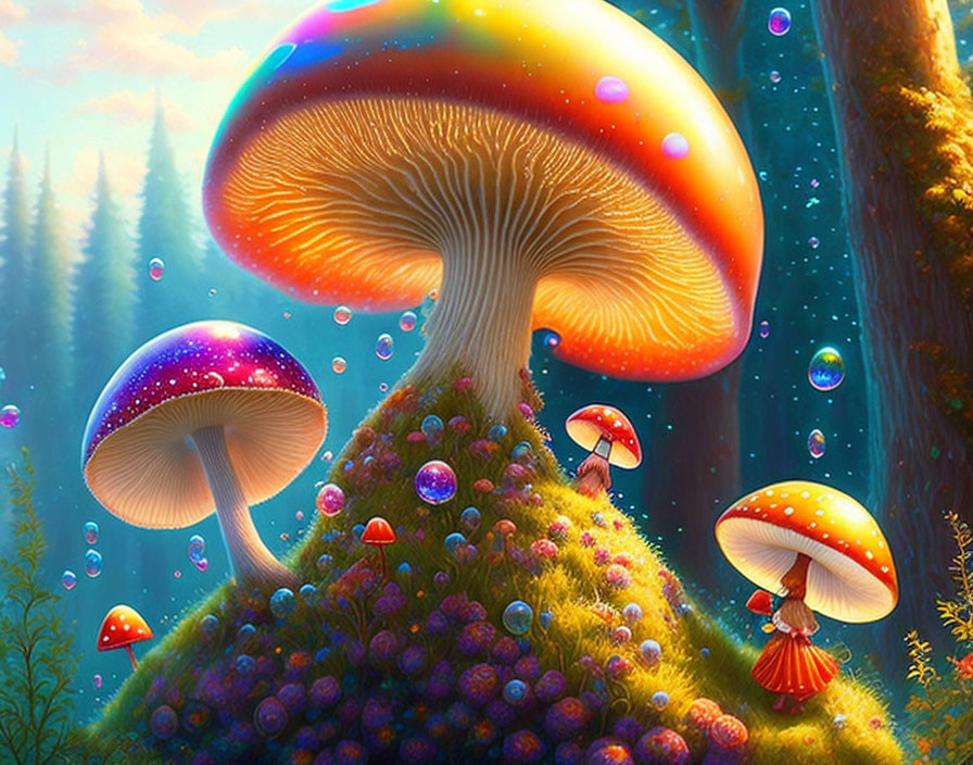 Colorful Fantasy Forest with Oversized Mushrooms and Sunlit Trees