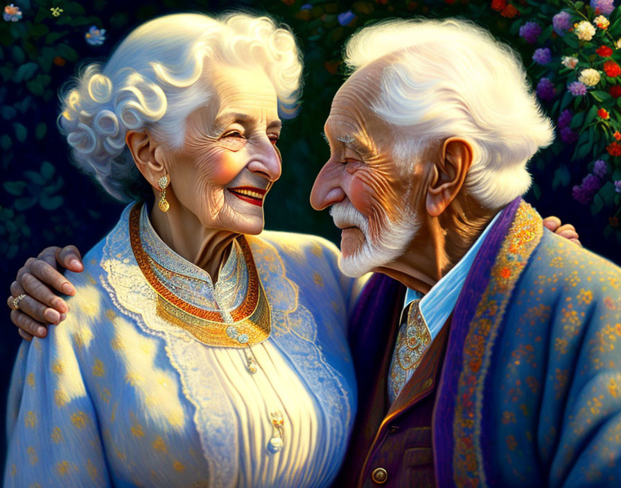 Elderly couple smiling in blue jacket and necklace against greenery