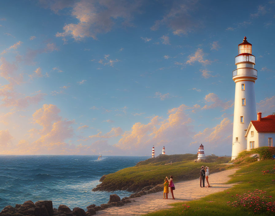 Scenic coastal view with tall white lighthouse and cloudy sky