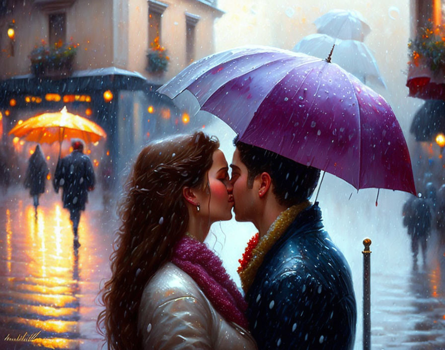 Couple kissing under purple umbrella in rainy city street