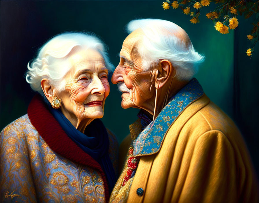 Elderly couple smiling in warm clothes with floral backdrop